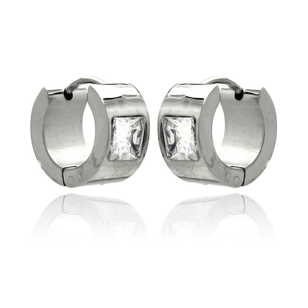 Stainless Steel Rhodium Plated Princess Cut Clear CZ Wide Hoop Huggies Earrings